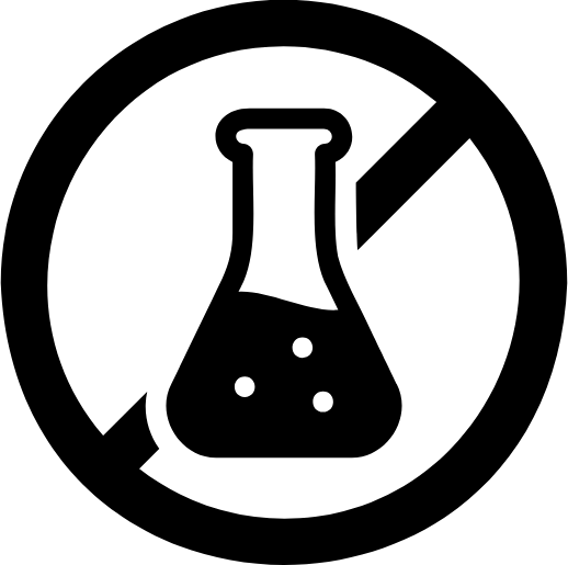 Ein schwarzer Chemiekolben mit einer Flüssigkeit und Blasen darin ist in einem Kreis abgebildet, der von einer diagonalen Linie durchzogen ist, was bedeutet, dass es keine Chemikalien oder keine Chemie gibt.